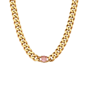 Golden 6.5mm Cuban link necklace with round pink zircon pendant for women