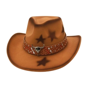 Brown western cowboy hat with star patterns and silver bull skull metal ornament