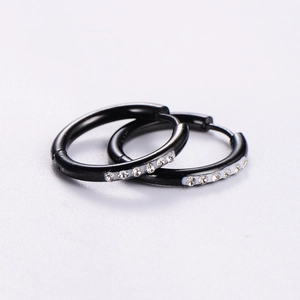 Minimalist black stainless steel hoop earrings with sparkling rhinestones for women