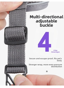 Detail of adjustable gray nylon strap and plastic buckle for the cat harness vest