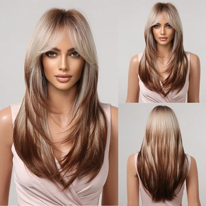 Detailed multi-angle view of long layered blonde ombre wig with bangs and synthetic hair