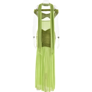 Detail of green strapless ruched mesh maxi dress with matching scarf on invisible mannequin