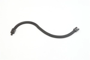 Close-up of black stainless steel mesh bracelet featuring a modern dual-layer woven texture