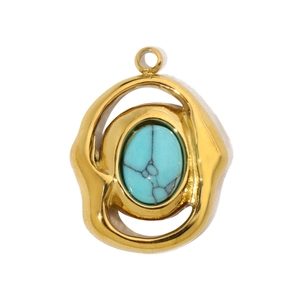 Macro shot of French irregular turquoise and gold stainless steel geometric pendant