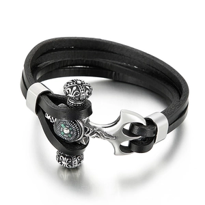 Men's multi-layer black leather anchor bracelet with a functional mini compass clasp