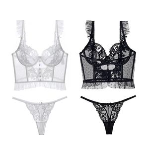 French lace embroidery lingerie set with corset top and thong in black and white colors