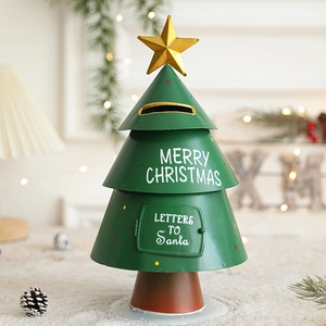 Green Christmas tree mailbox metal ornament with golden star and Merry Christmas text