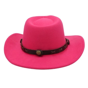 Detail of rose pink felt western cowboy hat with brown faux leather band and metal studs