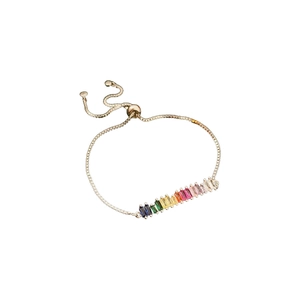 Elegant adjustable gold bracelet with a row of rainbow gradient rectangular cubic zirconia