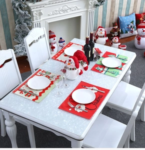 Detailed view of 4-piece Merry Christmas placemats with Santa and snowman patterns