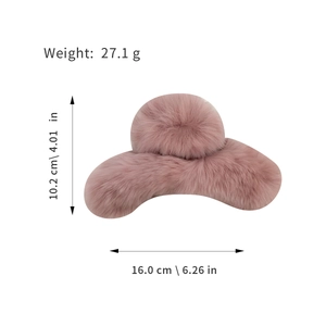 Pink plush rabbit fur hair claw clip for women showing 16cm width and 10.2cm height