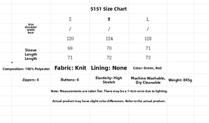 Size chart and fabric details for Christmas cardigan showing bust and length measurements