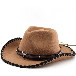 Vintage Western Cowboy Hat Wool Felt Wide Brim With Bull Skull Ornament Whipstitch Edge For Men Women Jazz Style
