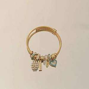 Adjustable golden stainless steel woven bracelet with heart pendant and pearl charms