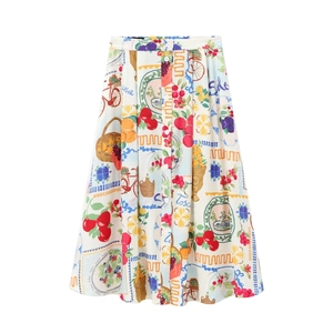Floral print A-line maxi skirt with retro pattern and front buttons on white background