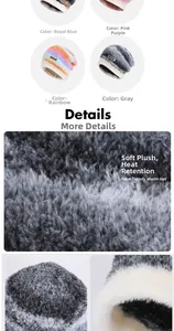 Close-up of thick plush knit fabric and ear protection details of winter gradient hats