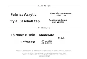 Size guide for acrylic winter baseball cap with 56-61cm head circumference details