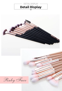Close-up of 10-piece makeup brush set with rose gold ferrules and gradient fiber bristles