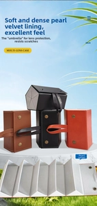 Close-up of foldable multi-slot glasses case with soft velvet lining and PU leather exterior