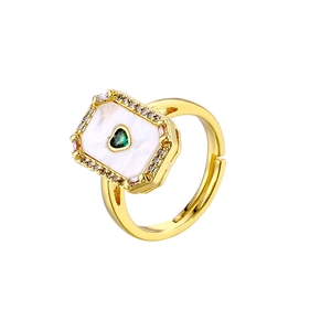 Elegant 18K gold-plated open ring with green heart stone and white mother of pearl inlay