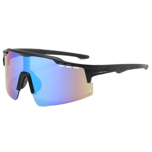 Side view of windproof cycling sunglasses with blue polarized lens and black matte frame