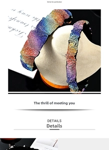 Close-up of sparkling rainbow rhinestone headband with pleated texture on model