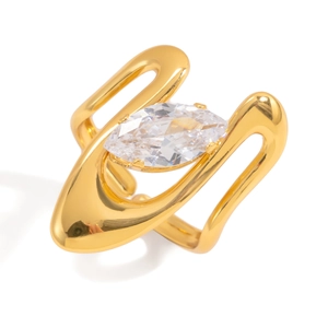Close-up of 18K gold stainless steel ring with a large marquise-cut white zircon