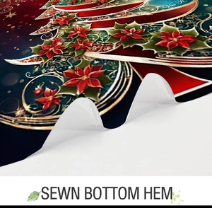 Detail of sewn bottom hem on Christmas floral shower curtain with festive pattern