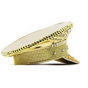 Golden captain hat with sparkling sequins, metallic studs, and stars for stage performance