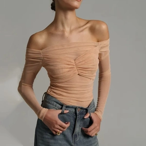 Fashionable off-the-shoulder mesh long sleeve top in nude color with pleated details