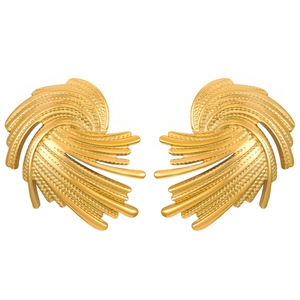 Golden stainless steel earrings with textured leaf design and elegant streamlined shape