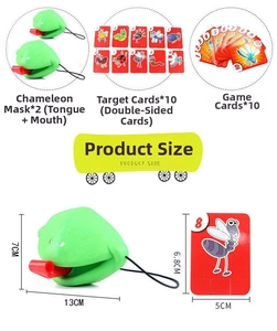 Components of chameleon tongue desktop game with 2 masks and 20 game cards