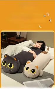 Long plush cat pillow in grey and beige colors for sofa decoration and comfortable sleeping