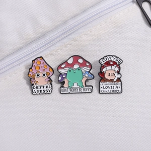 Cartoon mushroom enamel pins set with funny puns on white canvas background