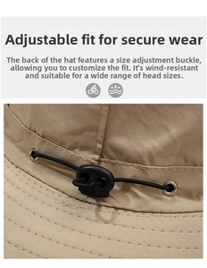 Detail view of khaki sun hat featuring adjustable drawstring buckle and precise stitching