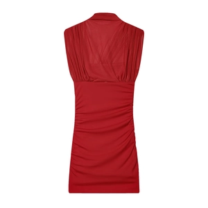 Red sleeveless mesh mini dress with stand collar and ruched bodycon detailing