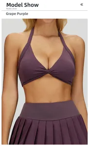Grape purple yoga set featuring a halter twist sports bra and matching pleated athletic skirt