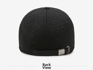 Back view of black quilted winter baseball cap with adjustable metal strap buckle