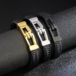 Men's braided leather bracelets with gold, silver, and black titanium steel clasps