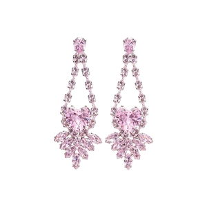 Boucles d'oreilles luxe en argent avec zircon coeur rose et cristaux en forme de poire