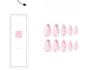 Détail de faux ongles amande roses avec nuages blancs, paillettes argentées et étoiles