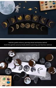 Detail of vintage moon phase wooden stamps with gold foil packaging and celestial props