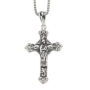 Classic silver stainless steel cross pendant necklace with vintage figure relief