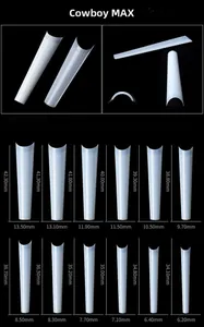 Size chart showing 12 sizes of extra long flat French false nails with measurements