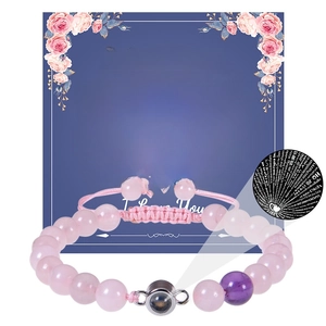 Bracelet en perles de cristal rose avec cordon tressé et pierre de projection I Love You