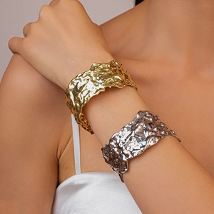 Wide Cuff Bracelet Metal Irregular Hammered Texture Lava Wrinkle Open Adjustable Minimalist Punk Jewelry For Women