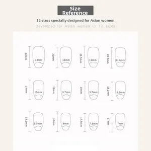 Size chart showing 12 different dimensions for cream white press-on artificial nails