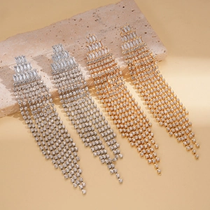 Luxurious long tassel drop earrings with zircon triangle studs in gold and silver finish
