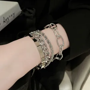 4Pcs Fashion Alloy Metal Layered Bracelet Set For Women Gold Silver Plated Cuban Chain Twist Bangle Geometric Jewelry Gift