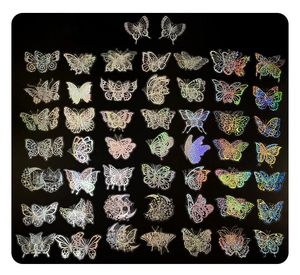 Detailed matrix display of holographic butterfly PET stickers with reflective laser finish